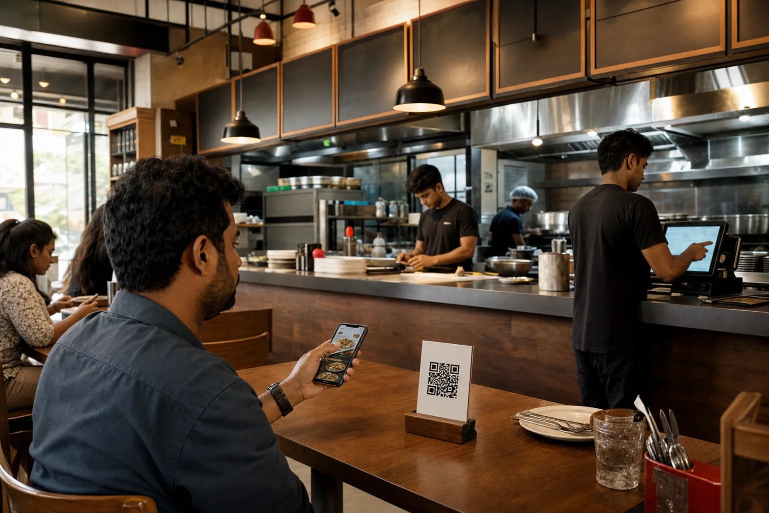 Guest scanning a tabletop QR code in a contemporary Indian cafe while the counter and open kitchen prepare service behind her.