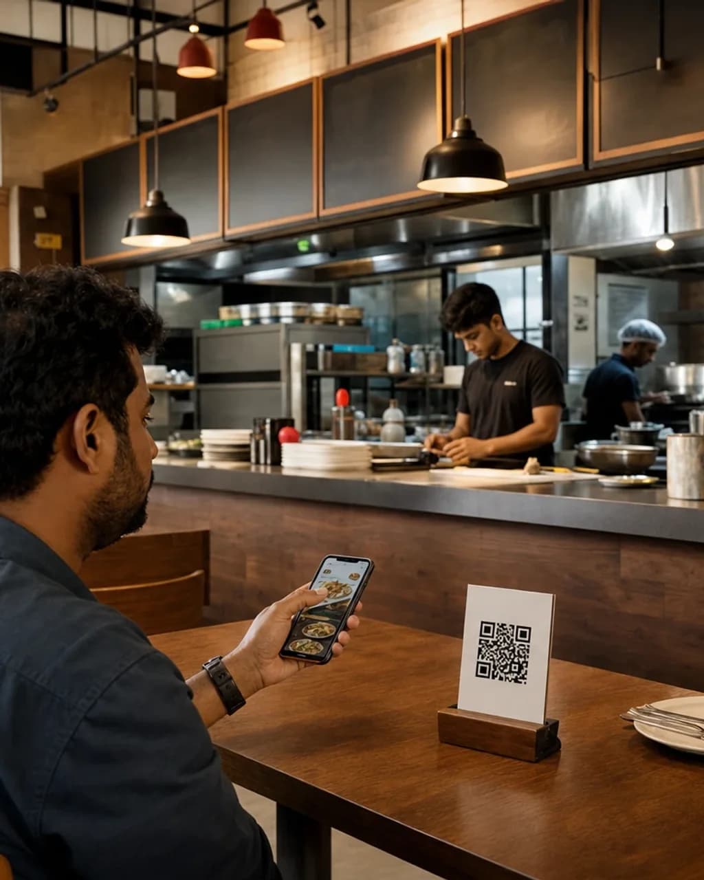 Guest scanning a tabletop QR code in a contemporary Indian cafe while the counter and open kitchen prepare service behind her.